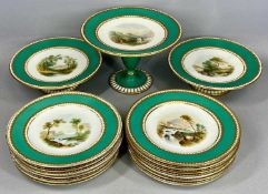 19TH CENTURY ENGLISH PORCELAIN DESSERT SERVICE, cream and green glazed with patterned gilt-banded