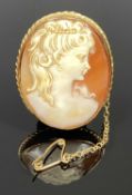 9CT GOLD FRAMED OVAL CAMEO PORTRAIT BROOCH, rope twist border, with safety chain, approx. 35 x