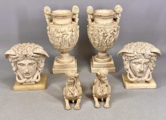 GROUP OF COMPOSITE DECORATIVE COLLECTABLES, including pair of Sphinxes, 19cms (l), pair of Medusa