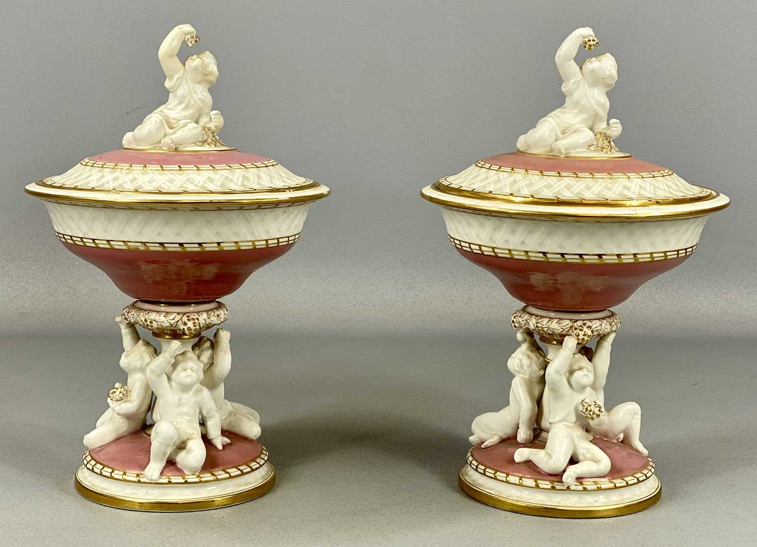 PAIR OF MINTONS CIRCULAR LIDDED BOWLS, late 19th / early 20th century, pink and cream glazed with