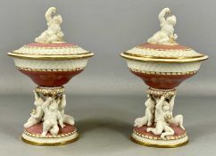PAIR OF MINTONS CIRCULAR LIDDED BOWLS, late 19th / early 20th century, pink and cream glazed with
