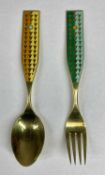 DANISH SILVER ENAMELLED SPOON & FORK, with gilded finish, marked Sterling Silver, A. Michelsen,