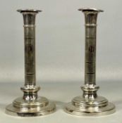 PAIR OF ELKINGTON & CO. PLATED CANDLESTICKS, with engine turned decoration, removable nozzles,