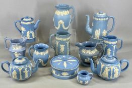 COLLECTION OF DUDSON & OTHER BLUE & WHITE JASPERWARE, including coffee pot with twist turned handle,