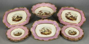 H&R DANIEL STYLE SHREWSBURY SHAPE DESSERT SERVICE, 19th century, cream and pink glazed with gilded