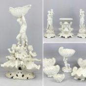 GROUP OF 19TH CENTURY WHITE GLAZED CERAMICS, including pair of porcelain candleholders modelled as