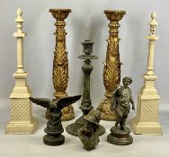 GROUP OF DECORATIVE OBJECTS, including pair of ornate gilded candle holders with acanthus leaf