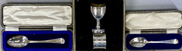 CASED GEORGE V SILVERWARE, including egg cup and napkin ring christening set, Barker Brothers,