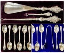 CASED SILVERWARE, including silver-handled shoe horn and two button hooks, six bead pattern silver
