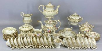 19TH CENTURY ENGLISH PORCELAIN TEA SERVICE, gilded and painted with floral sprays, teapot with