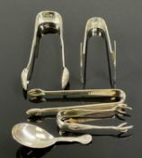 GROUP OF SMALL SILVER COLLECTABLES, caddy spoon with embossed handle, Edinburgh 1848, sardine tongs,