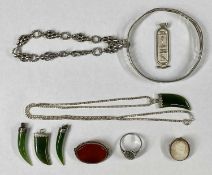 ASSORTMENT OF SILVER JEWELLERY, including bangle, fancy link bracelet, Egyptian pendant, claw