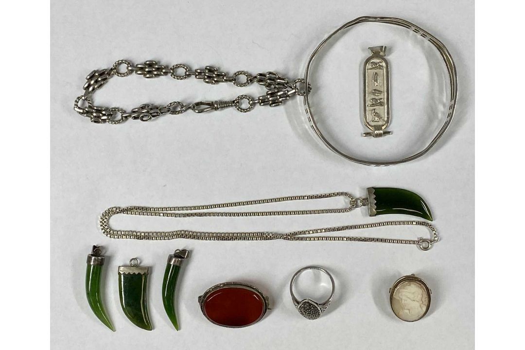 ASSORTMENT OF SILVER JEWELLERY, including bangle, fancy link bracelet, Egyptian pendant, claw - Image 1 of 6