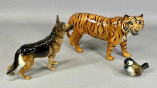 THREE CERAMIC ANIMAL FIGURES, large Beswick standing tiger, gloss, 19cms (h), Goebel standing German