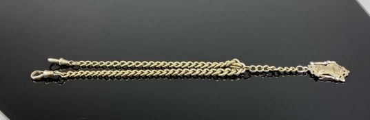 SILVER DOUBLE ALBERT WATCH CHAIN & FOB, having two hallmarked spring clips and large ornate Rifle