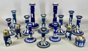 WEDGWOOD / WEDGWOOD STYLE BLUE & WHITE JASPERWARE, including candlesticks, various pairs and