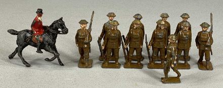 BRITAINS LEAD FOX HUNTING FIGURE ON HORSEBACK, together with eleven John Hill lead soldiers