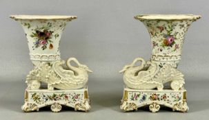 PAIR OF JACOB PETIT PORCELAIN CORNUCOPIA VASES, bases formed as swans on rectangular plinths,