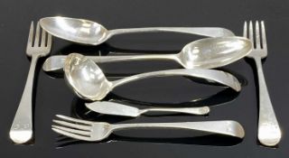 GROUP OF SILVER CUTLERY, three forks, Thomas Wallis II, London 1807, Georgian silver tablespoon,