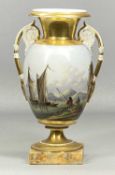 19TH CENTURY FRENCH PORCELAIN TWO-HANDLED VASE, painted with continuous scene of boats and