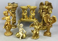 LARGE ASSORTMENT OF MODERN GILDED TABLE ORNAMENTS, including cherub form candle holders, 23cms (