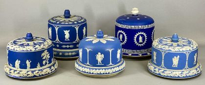 FIVE WEDGWOOD STYLE BLUE & WHITE JASPERWARE CHEESE DISHES & COVERS, 27cms (h) the tallest