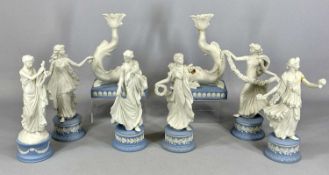 WEDGWOOD LIGHT BLUE & WHITE JASPERWARE, including figures of six classical muses, impressed marks,