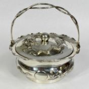 CHINESE EXPORT SILVER SWING HANDLE BOWL & COVER, chased with dragon design, fluted rim and twined