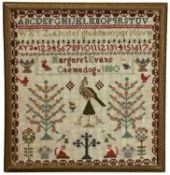 19TH CENTURY NEEDLEWORK SAMPLER, by Margaret Evans, Caemadog 1880, 42.5 x 40.5cms Provenance: