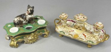 TWO INK STANDS, Derby rectangular two-handled ink stand, gilded and painted decoration, three vase