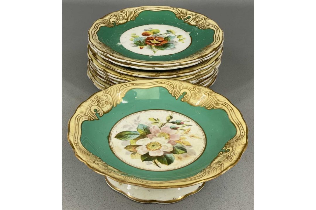 ASSORTED CREAM & GREEN GLAZED DESSERT WARE, late 19th century, all decorated with floral bouquets - Image 5 of 10