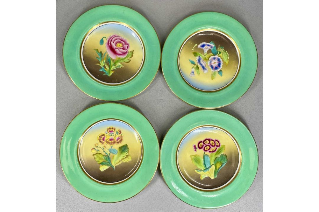ASSORTED CREAM & GREEN GLAZED DESSERT WARE, late 19th century, all decorated with floral bouquets - Image 2 of 10