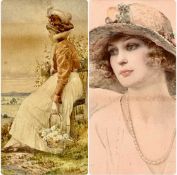 UNKNOWN 19TH CENTURY watercolour - seated lady holding basket of wildflowers, unsigned, 35.5 x 25.