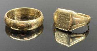 9CT GOLD WEDDING BAND, size R/S, and 9ct gold signet ring (cut), 8gms gross Provenance: private