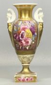 ENGLISH PORCELAIN URN SHAPED VASE, c. 1820, angel head and wing handles, panels hand-painted with