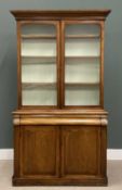 MAHOGANY CWPWRDD GWYDR, top with two arched panelled glazed doors, base with shaped raised