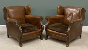 PAIR OF CLUB HOUSE TYPE ARMCHAIRS, leather/effect and stud upholstery, scrolled feet, 85 (h) x 83 (