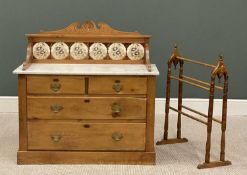 VINTAGE PINE WASHSTAND having a tiled back, marble top and two over two long drawers, 106 (h) x