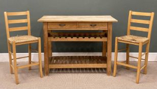 'CRATE & BARREL' LIGHT WOOD KITCHEN ISLAND with base rack, centre wine rack, and two drawers, 92 (h)