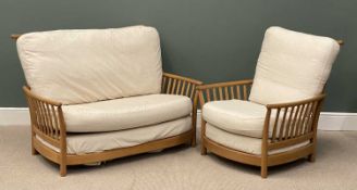 ERCOL MEDIUM COLOURED SLATTED BACK SOFA, 98 (h) x 142 (w) x 78cms (d), and matching armchair, 98 (h)