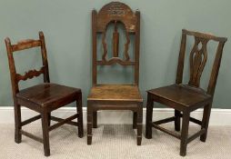 COUNTRY OAK CHAIR with carved initials M M and 1690, 117cms (h) and two other farmhouse chairs