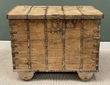 LARGE OAK METAL BANDED DOWRY CHEST on wheels, 19th century, 93 (h) x 117 (w) x 70cms (d) Provenance: