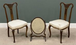 PAIR OF ANTIQUE PARLOUR CHAIRS with splat and carved backs, and oval swing-top dressing table