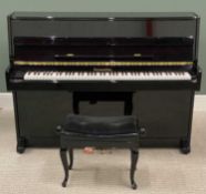 STEINMÜLLER, HIGH VENEER, EBONISED UPRIGHT OVERSTRUNG PIANO, 108 (h) x 145 (w) x 57cms (d) and