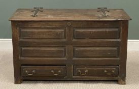 18TH CENTURY OAK MULE CHEST, with fielded panels and heavy iron T-hinges, 77 (h) x 133 (w) x