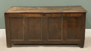 EARLY 19TH CENTURY OAK COFFER, a four fielded panel front, 67 (h) x 142 (w) x 51cms (d)