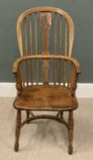 VINTAGE ELM WINDSOR CHAIR with hooped, curved and spindle back, crinoline stretcher, 103 (h) x 52 (