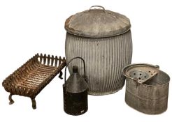 ASSORTED METALWARE to include vintage galvanised bin, 60cms (h), and an old fire grate Provenance: