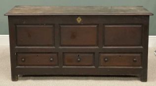 19TH CENTURY OAK MULE CHEST, a good size, having lift top and three base drawers, fielded panels, 77