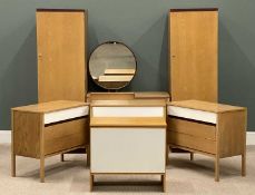 MID-CENTURY LIGHT WOOD G PLAN BEDROOM FURNITURE, comprising two single-door robes, 176 (h) x 57 (